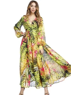 Tropical Maxi Dress for Women - Leaf Printed V Neck Lantern Sleeve Wrap Dress - Summer Beach Party 2026