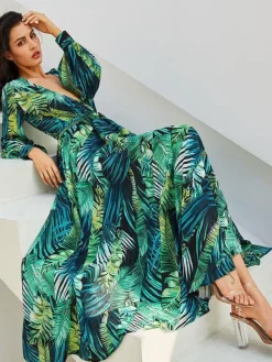 Tropical Maxi Dress for Women - Leaf Printed V Neck Lantern Sleeve Wrap Dress - Summer Beach Party 2026