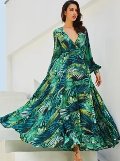 Tropical Maxi Dress for Women - Leaf Printed V Neck Lantern Sleeve Wrap Dress - Summer Beach Party 2026