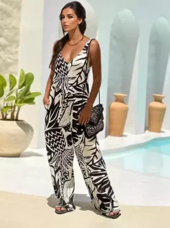 Tropical Printed Jumpsuit Sleeveless Wide Leg Summer Outfit For Women 2026