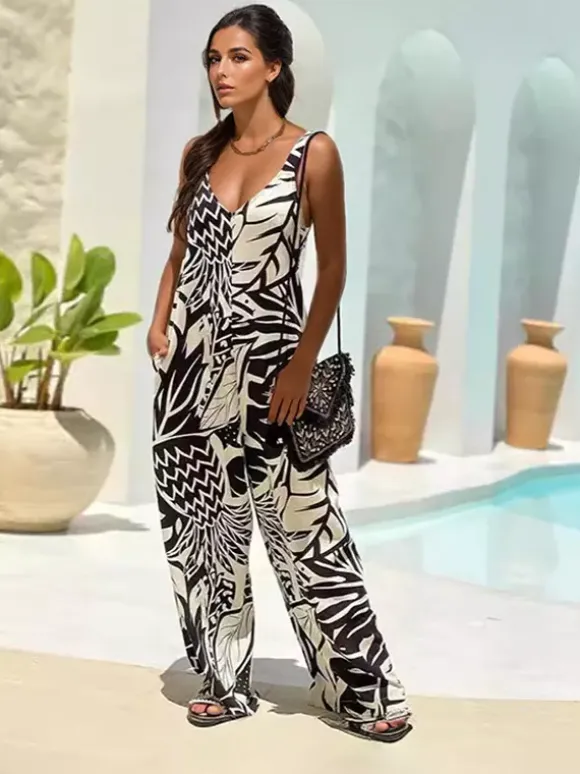 Tropical Printed Jumpsuit Sleeveless Wide Leg Summer Outfit For Women 2026