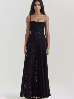 Trumpet Dress Spaghetti Straps Lace-up Floral Embroidery Prom Maxi Dresses