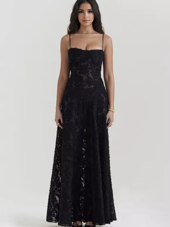 Trumpet Dress Spaghetti Straps Lace-up Floral Embroidery Prom Maxi Dresses