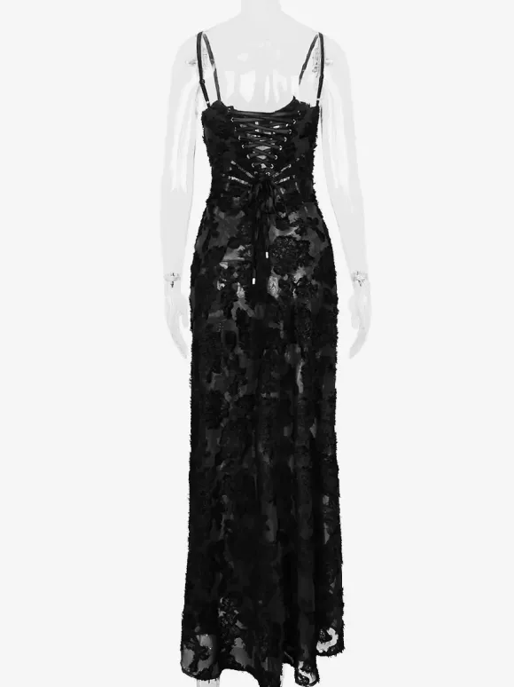 Trumpet Dress Spaghetti Straps Lace-up Floral Embroidery Prom Maxi Dresses