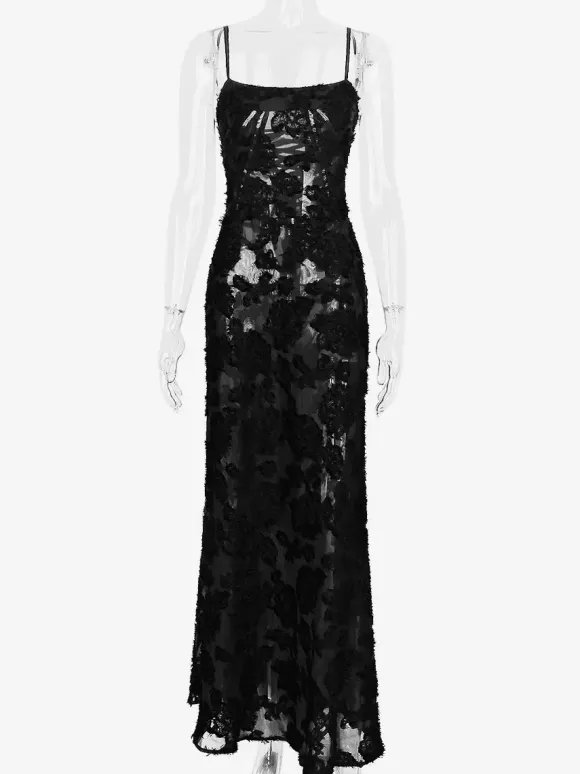 Trumpet Dress Spaghetti Straps Lace-up Floral Embroidery Prom Maxi Dresses