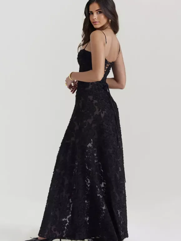 Trumpet Dress Spaghetti Straps Lace-up Floral Embroidery Prom Maxi Dresses