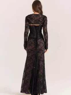 Trumpet Dress Lace-up Cutout Floral Embroidery Long Sleeves Prom Dresses