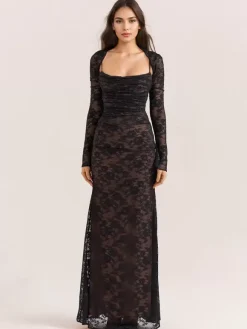 Trumpet Dress Lace-up Cutout Floral Embroidery Long Sleeves Prom Dresses