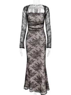 Trumpet Dress Lace-up Cutout Floral Embroidery Long Sleeves Prom Dresses