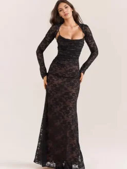 Trumpet Dress Lace-up Cutout Floral Embroidery Long Sleeves Prom Dresses