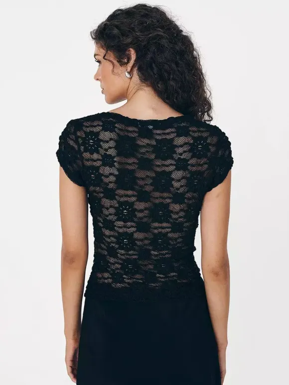 T-Shirt Short Sleeves Tees Black Lace Straps Neck Women Summer T Shirt
