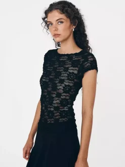 T-Shirt Short Sleeves Tees Black Lace Straps Neck Women Summer T Shirt