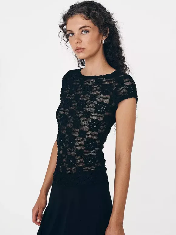 T-Shirt Short Sleeves Tees Black Lace Straps Neck Women Summer T Shirt