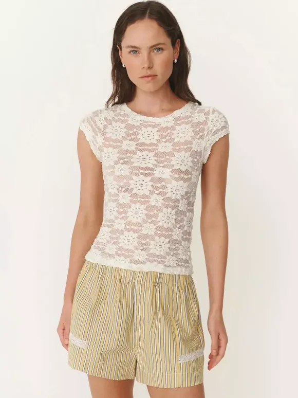 T-Shirt Short Sleeves Tees Black Lace Straps Neck Women Summer T Shirt