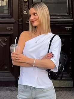 T-Shirt Asymmetrical One Shoulder Ruched Half Sleeve Top