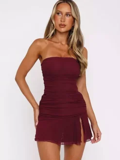 Tube Mini Dress For Women - Ruched Mesh Hem Slit Bodycon Dress - Summer Night Out Clubwear 2026