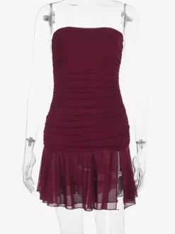 Tube Mini Dress For Women - Ruched Mesh Hem Slit Bodycon Dress - Summer Night Out Clubwear 2026