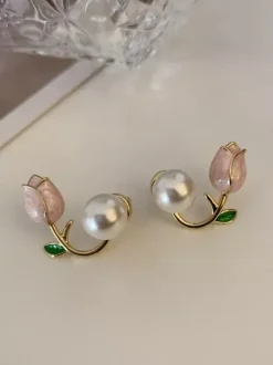 Tulip Flowers And Pearl Earrings For Women 2026