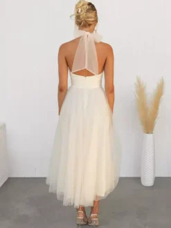 Tulle Midi Dress Halter Pleated Empire Waist Open Back Elegant Prom Dresses