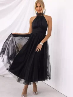 Tulle Midi Dress Halter Pleated Empire Waist Open Back Elegant Prom Dresses