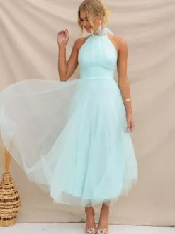 Tulle Midi Dress Halter Pleated Empire Waist Open Back Elegant Prom Dresses