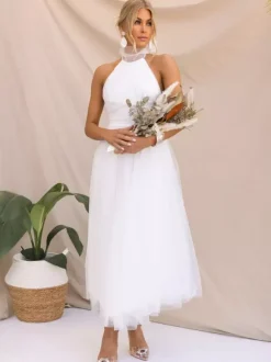 Tulle Midi Dress Halter Pleated Empire Waist Open Back Elegant Prom Dresses