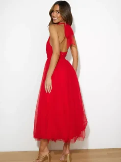 Tulle Midi Dress Halter Pleated Empire Waist Open Back Elegant Prom Dresses