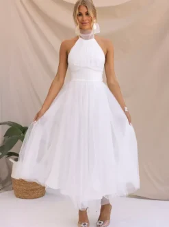 Tulle Midi Dress Halter Pleated Empire Waist Open Back Elegant Prom Dresses