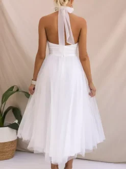 Tulle Midi Dress Halter Pleated Empire Waist Open Back Elegant Prom Dresses