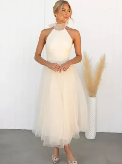 Tulle Midi Dress Halter Pleated Empire Waist Open Back Elegant Prom Dresses