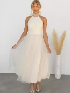 Tulle Midi Dress Halter Pleated Empire Waist Open Back Elegant Prom Dresses