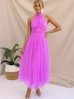 Tulle Midi Dress Halter Pleated Empire Waist Open Back Elegant Prom Dresses