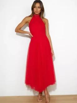 Tulle Midi Dress Halter Pleated Empire Waist Open Back Elegant Prom Dresses