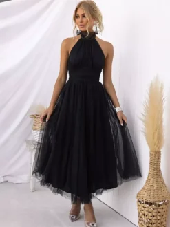 Tulle Midi Dress Halter Pleated Empire Waist Open Back Elegant Prom Dresses