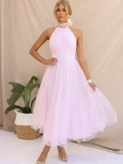 Tulle Midi Dress Halter Pleated Empire Waist Open Back Elegant Prom Dresses