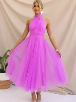 Tulle Midi Dress Halter Pleated Empire Waist Open Back Elegant Prom Dresses