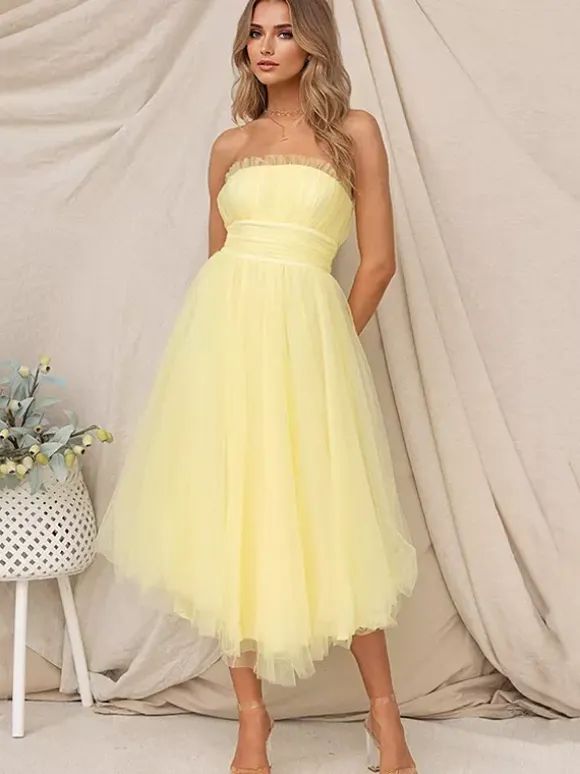 Tulle Dresses Strapless Pleated Off The Shoulder Layered Prom Midi Dress