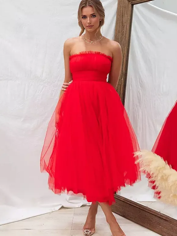 Tulle Dresses Strapless Pleated Off The Shoulder Layered Prom Midi Dress
