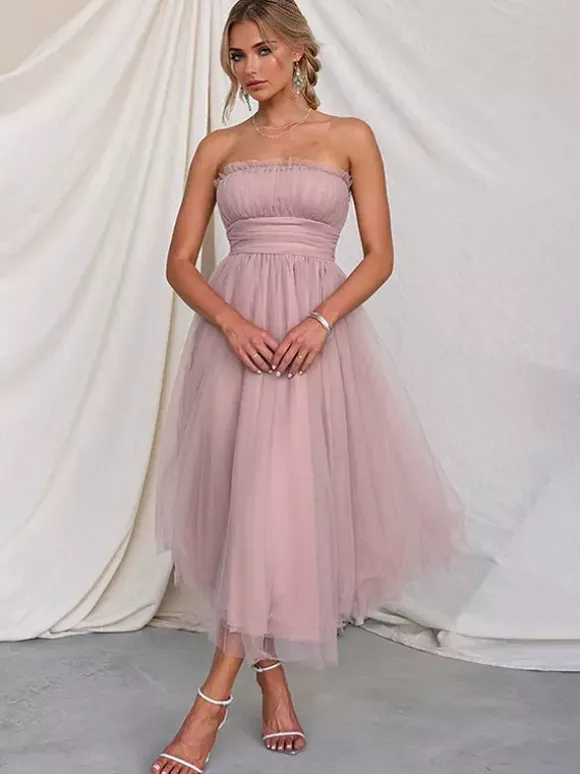 Tulle Dresses Strapless Pleated Off The Shoulder Layered Prom Midi Dress