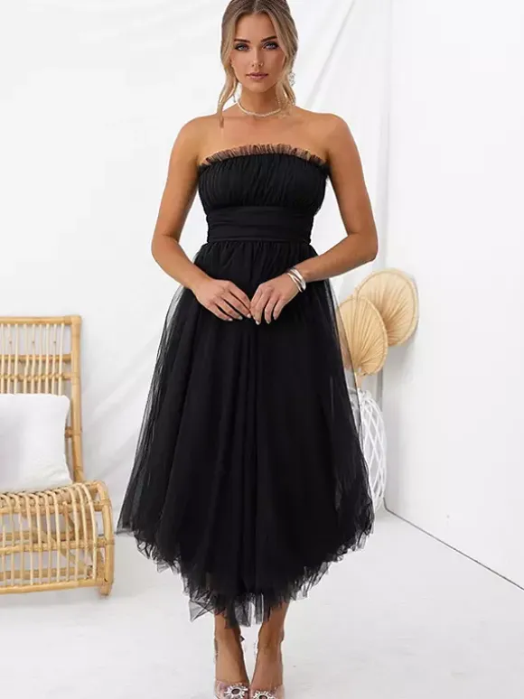 Tulle Dresses Strapless Pleated Off The Shoulder Layered Prom Midi Dress