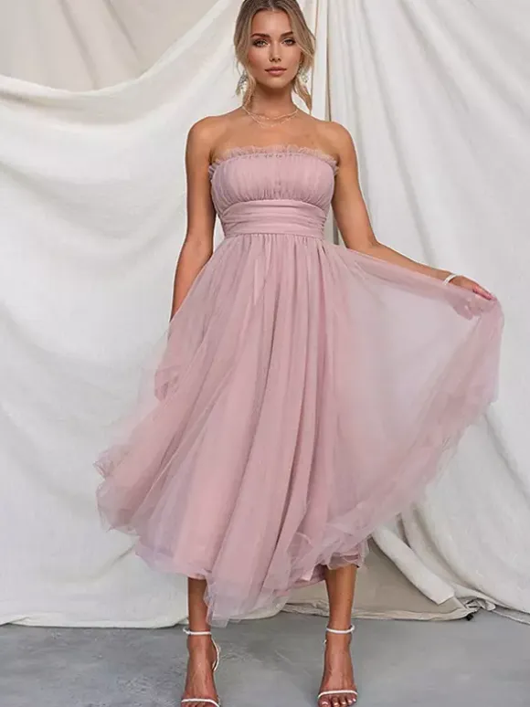 Tulle Dresses Strapless Pleated Off The Shoulder Layered Prom Midi Dress