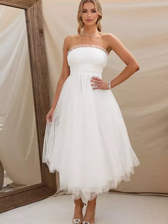 Tulle Dresses Strapless Pleated Off The Shoulder Layered Prom Midi Dress