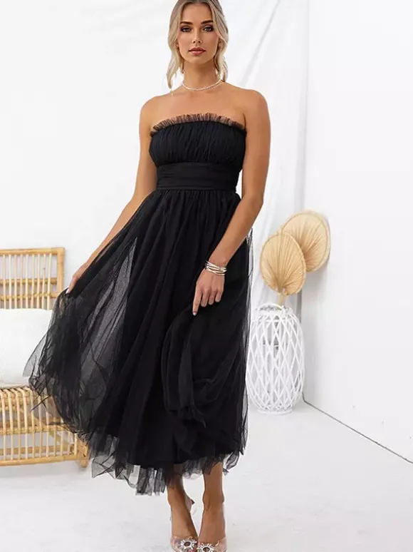 Tulle Dresses Strapless Pleated Off The Shoulder Layered Prom Midi Dress