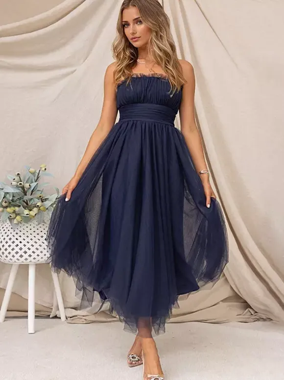 Tulle Dresses Strapless Pleated Off The Shoulder Layered Prom Midi Dress