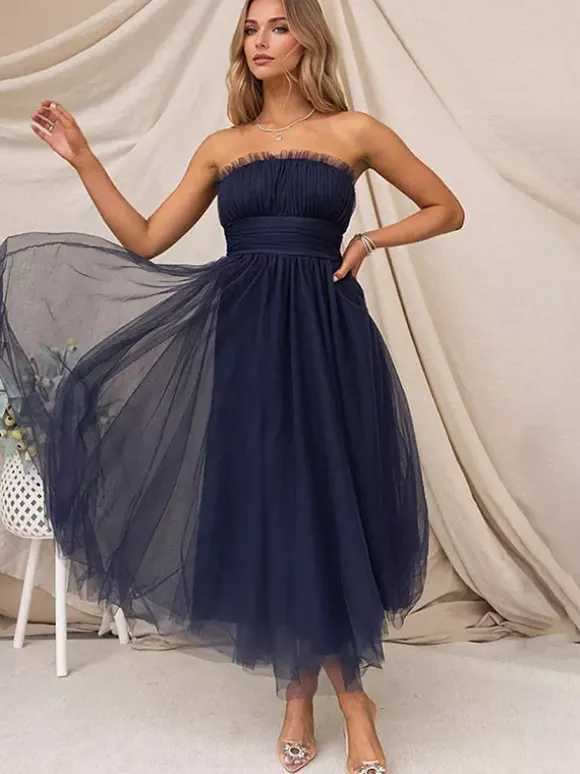 Tulle Dresses Strapless Pleated Off The Shoulder Layered Prom Midi Dress