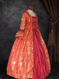 Ture Red Retro Tudor Dress Costumes Lace Up Satin Fabric Floral Print Dress Girl's Gothic Marie Antoinette Costume Set Vintage Clothing Burgundy
