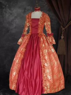 Ture Red Retro Tudor Dress Costumes Lace Up Satin Fabric Floral Print Dress Girl's Gothic Marie Antoinette Costume Set Vintage Clothing Burgundy