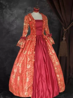 Ture Red Retro Tudor Dress Costumes Lace Up Satin Fabric Floral Print Dress Girl's Gothic Marie Antoinette Costume Set Vintage Clothing Burgundy