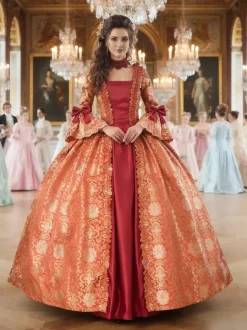 Ture Red Retro Tudor Dress Costumes Lace Up Satin Fabric Floral Print Dress Girl's Gothic Marie Antoinette Costume Set Vintage Clothing Burgundy