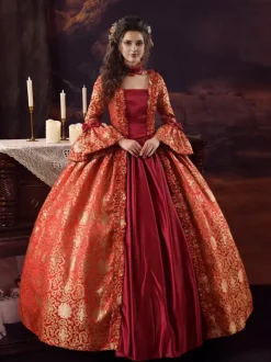 Ture Red Retro Tudor Dress Costumes Lace Up Satin Fabric Floral Print Dress Girl's Gothic Marie Antoinette Costume Set Vintage Clothing Burgundy